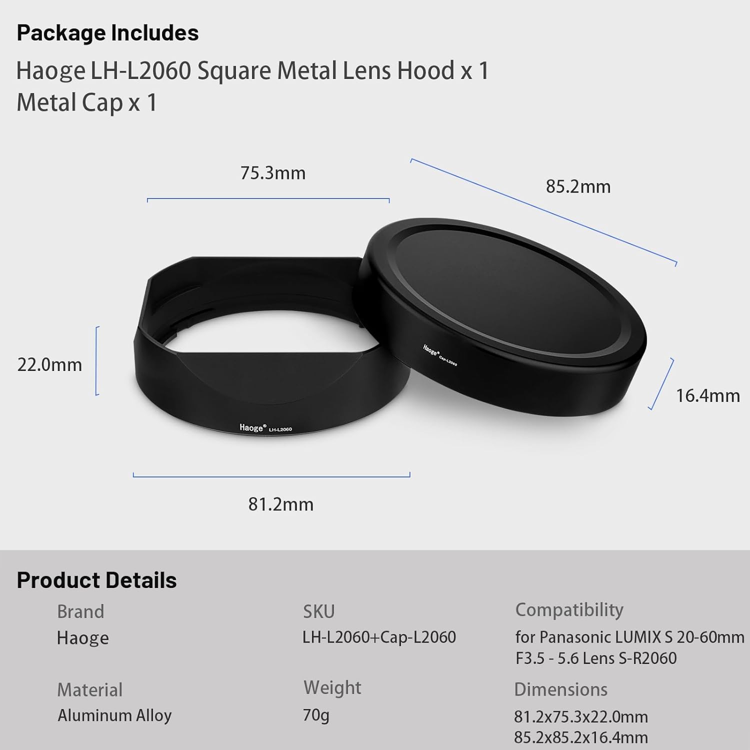 Haoge LH-L2060 Square Metal Lens Hood For Panasonic LUMIX S 20-60mm F3.5 - 5.6 Lens With Metal Cap Kit 方形遮光罩