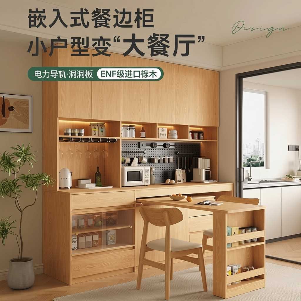 實木旋轉餐桌餐邊櫃靠牆橡木儲物櫃客廳茶水廚房家居收納Sideboard