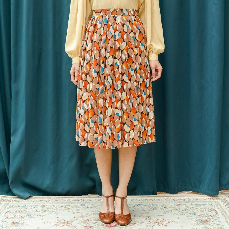 Vintage 1970s Abstract Leafy Pattern Autumn Tone Skirt - Waist 27~27.5" (MT1606-35)