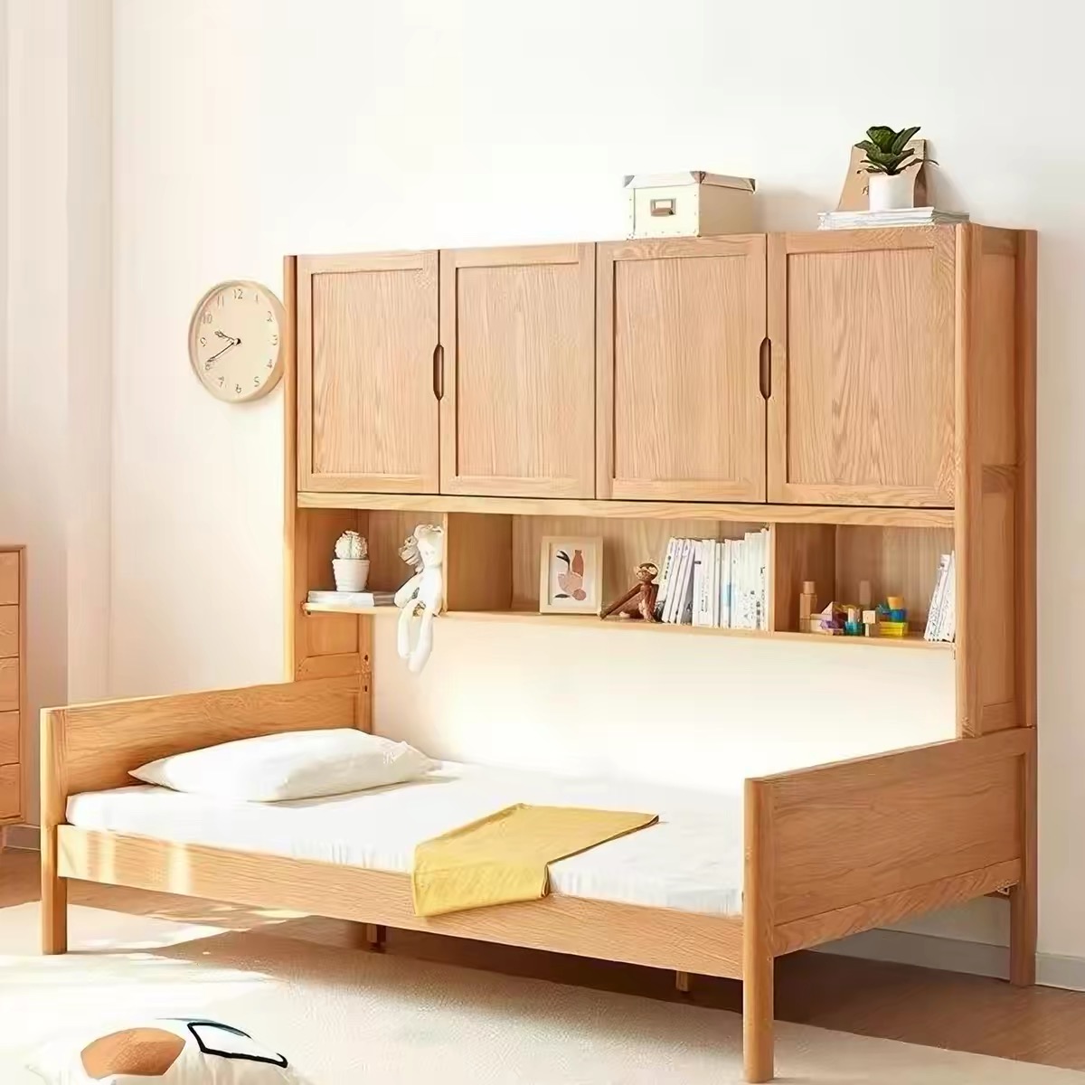 全實木兒童床連衣櫃一體多功能 小戶型 1.2 米單人床備儲物空間 bed