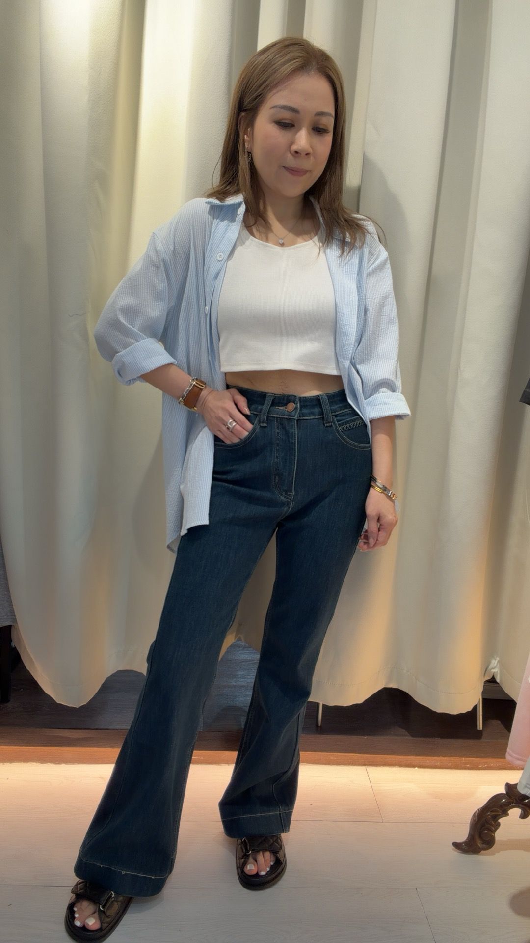 原色高腰彈性喇叭牛仔褲