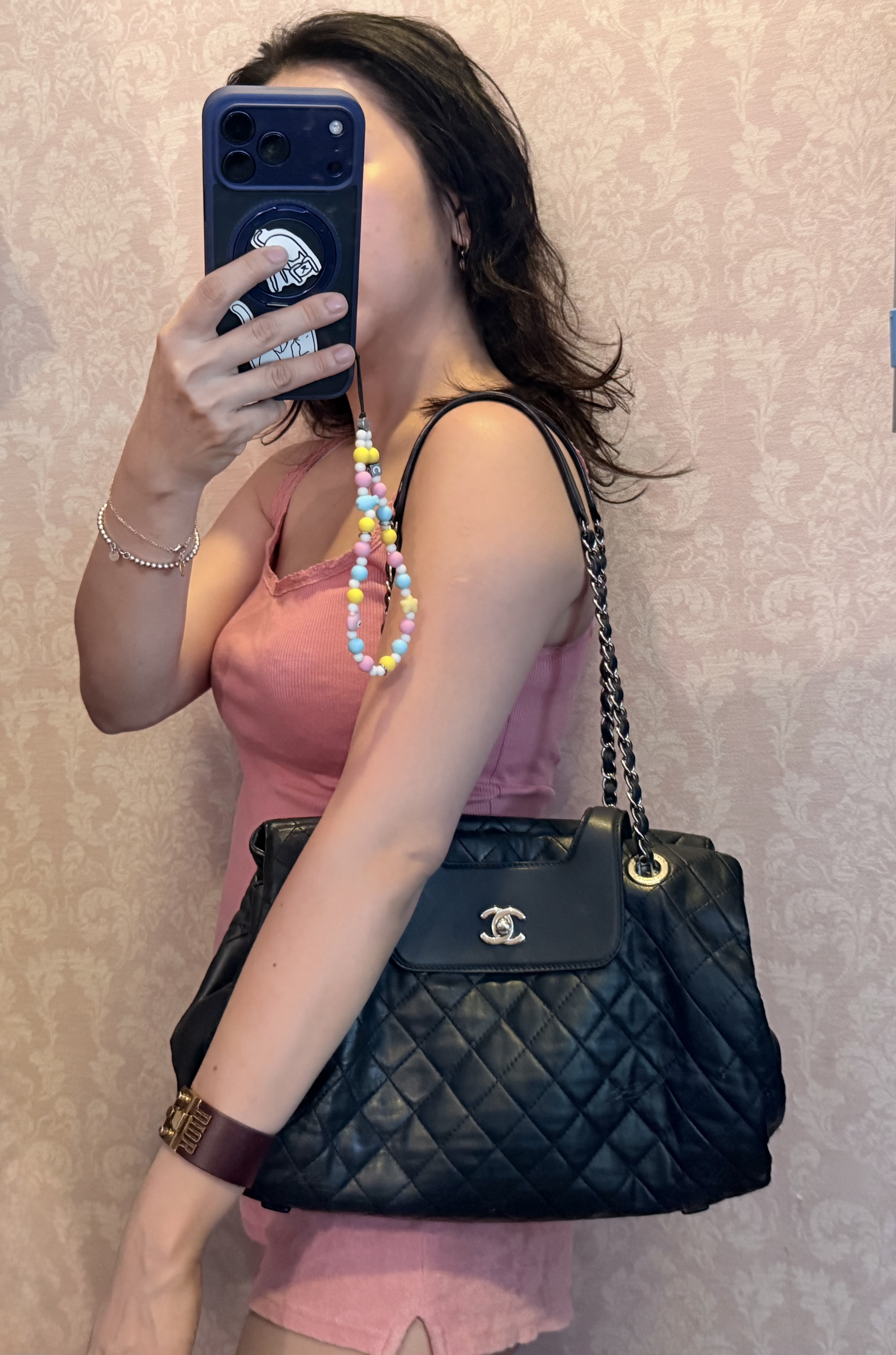 Chanel quilted matelasse navy leather chain bag