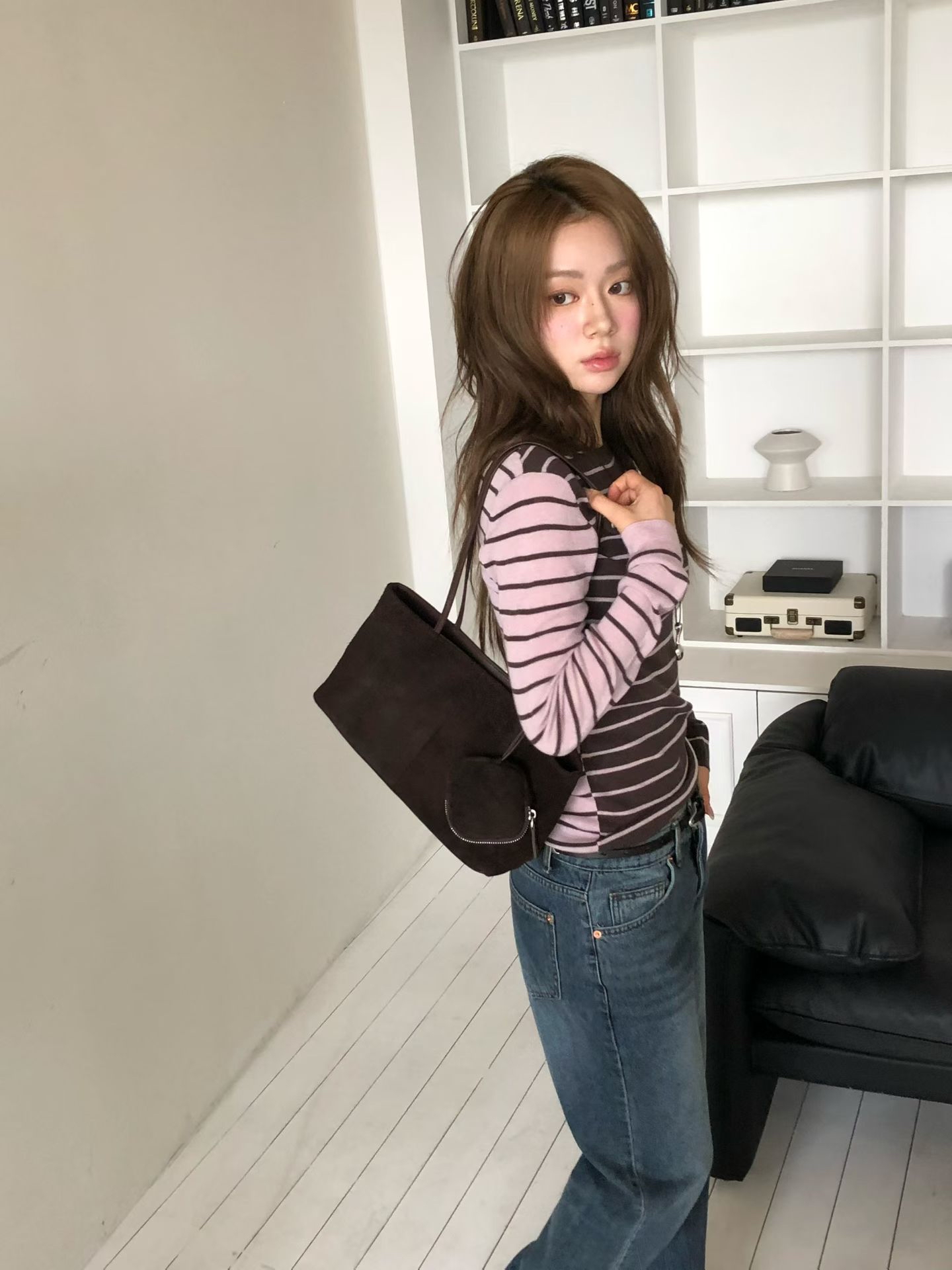 MILAE 復古麂皮牛皮手提單肩包（附同色系拉鏈小包）
