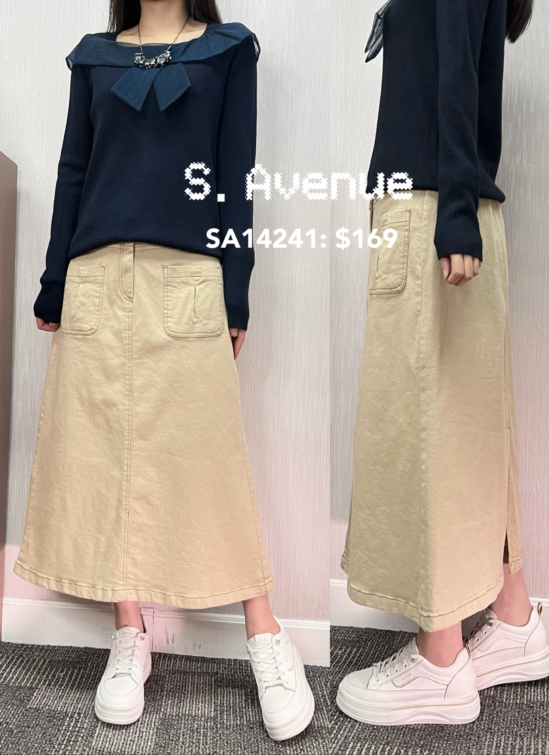 SA14241: 半截有鈕有拉鍊明線前雙袋小A字裙