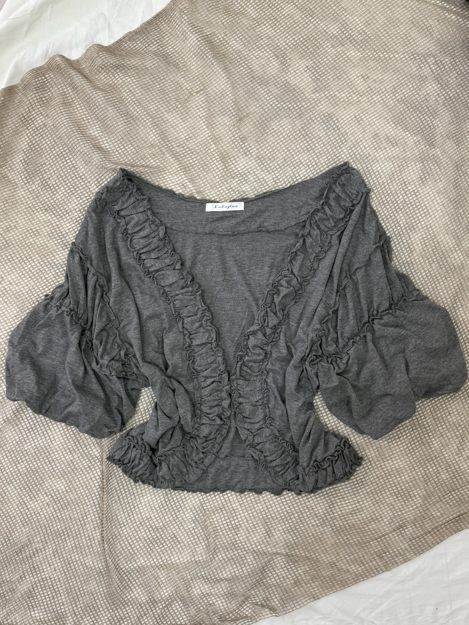 Grey Ruched Ruffle Bolero Cardigan