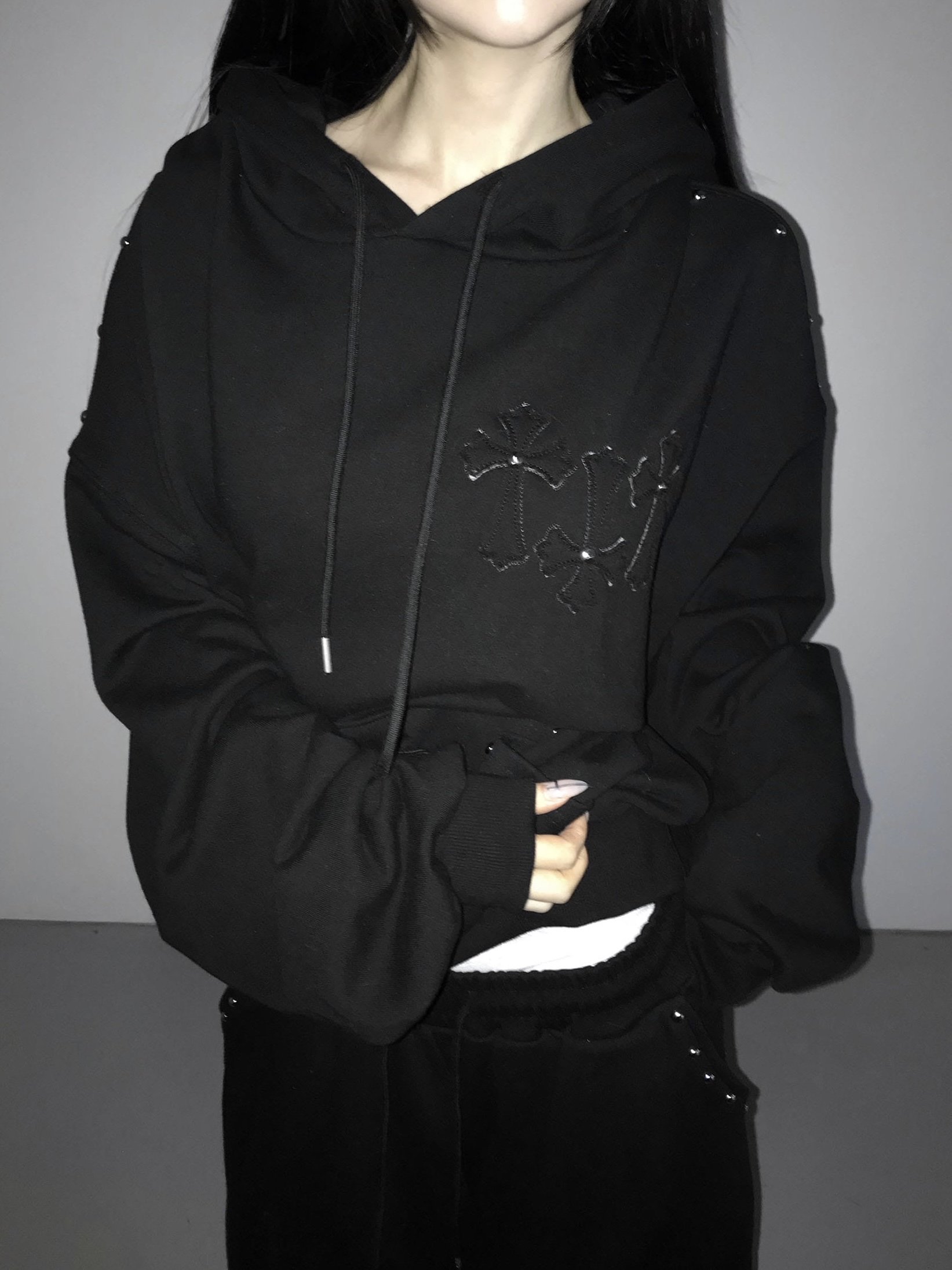 Studded Cross Patch Oversized Hoodie