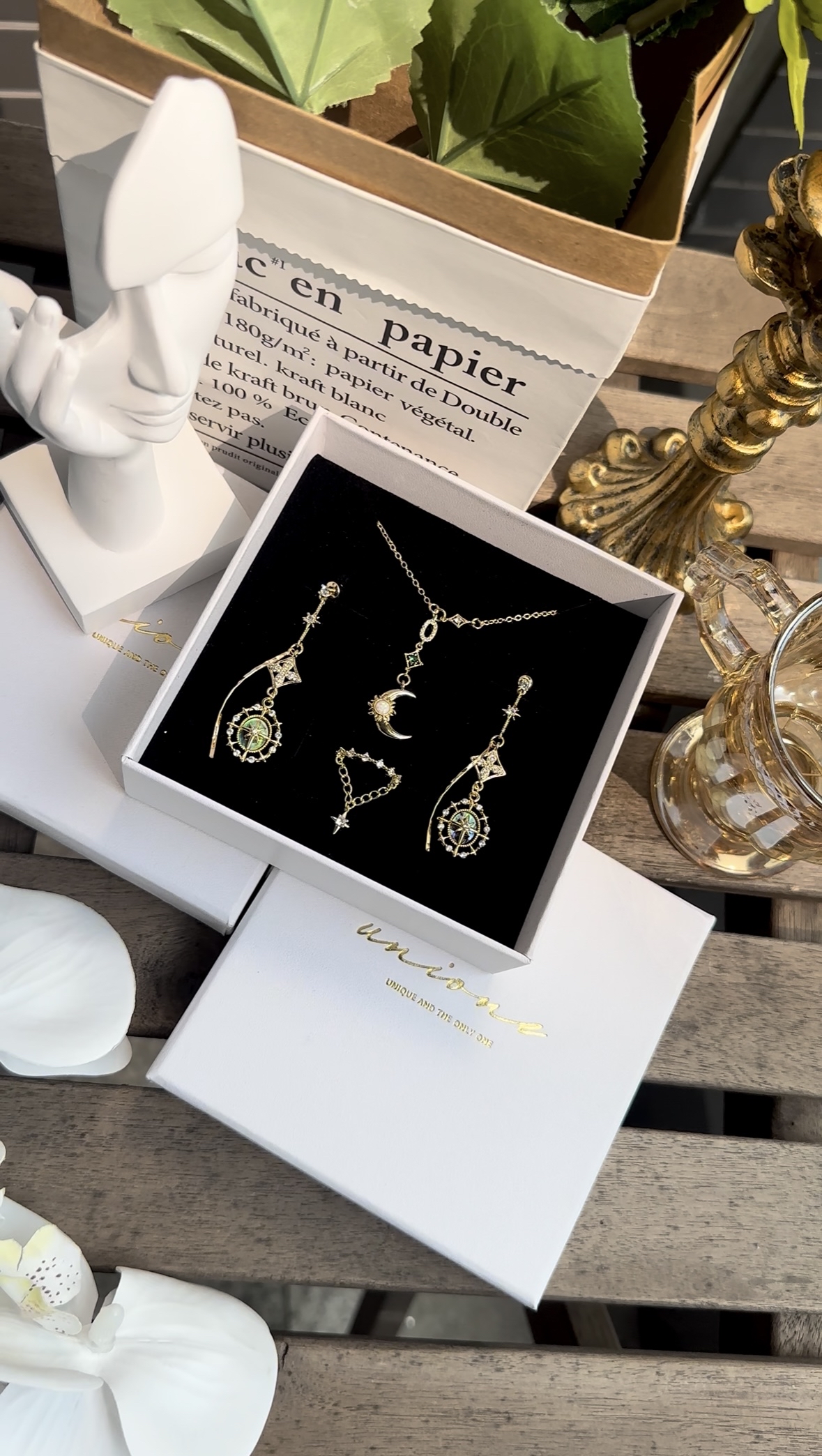  |組合裝| 貝殼幻光星耳環🐚+月光頸鍊✨+鑽戒星💍