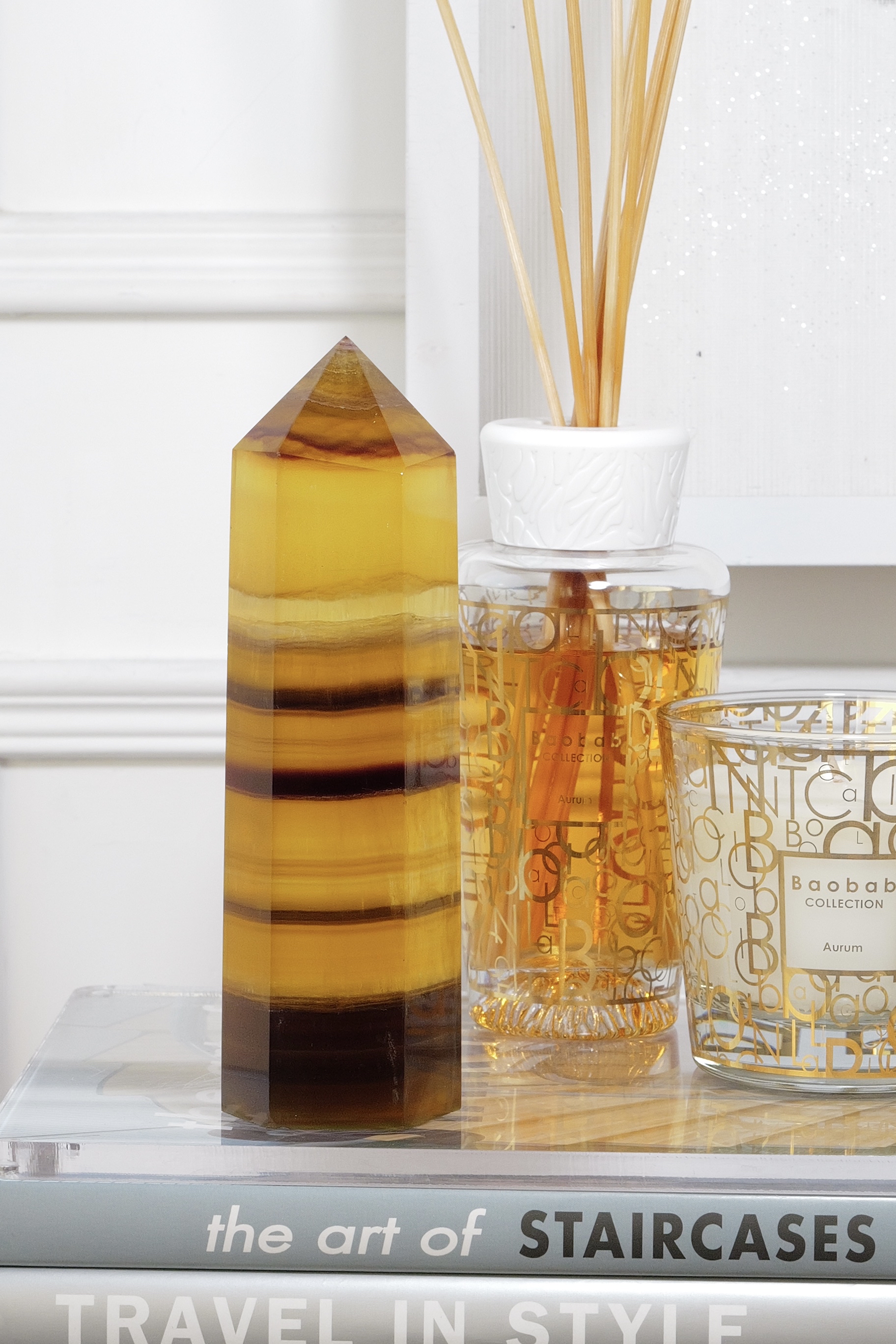  ༒18.6cm+黃螢石千層紋六角柱༒ FL.3502C82G10FM-RB5*