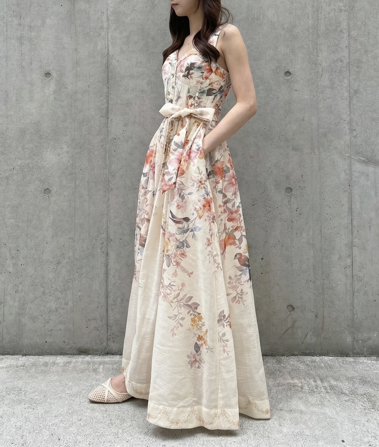 復古花卉印花連身裙配腰帶