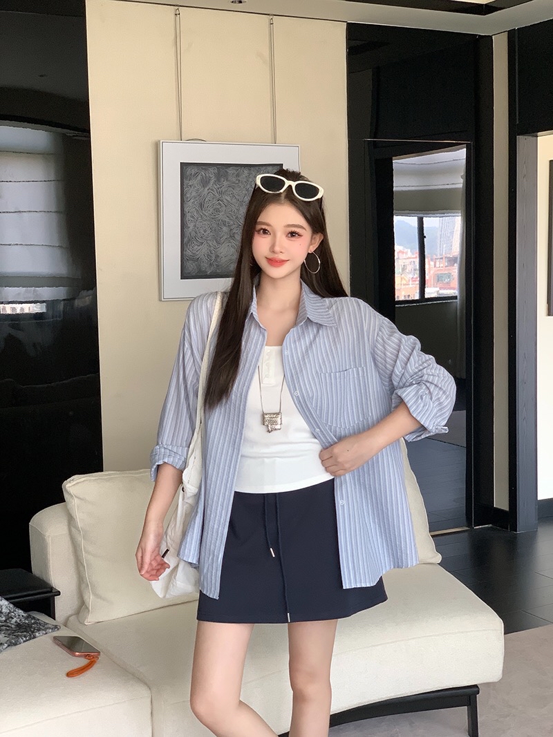 B276(36666) 韩版气质白吊带内搭与条纹蓝衬衫与蓝短裙三件套套装 