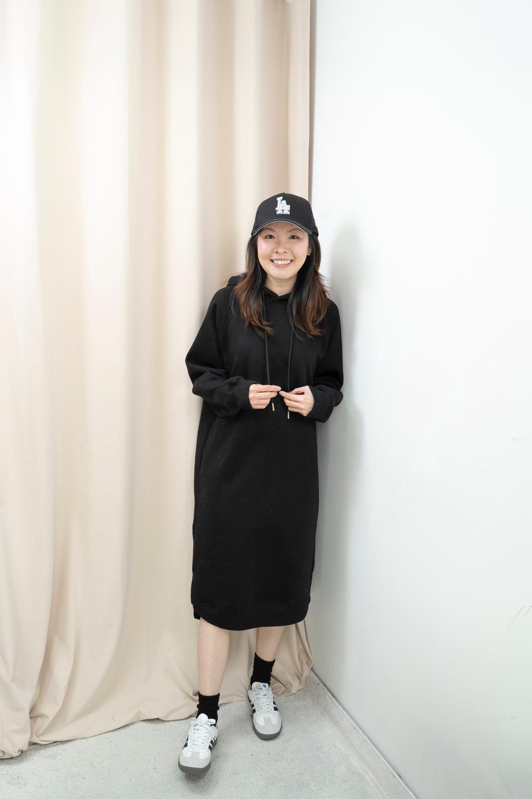 加絨有帽衞衣連身裙（黑色）