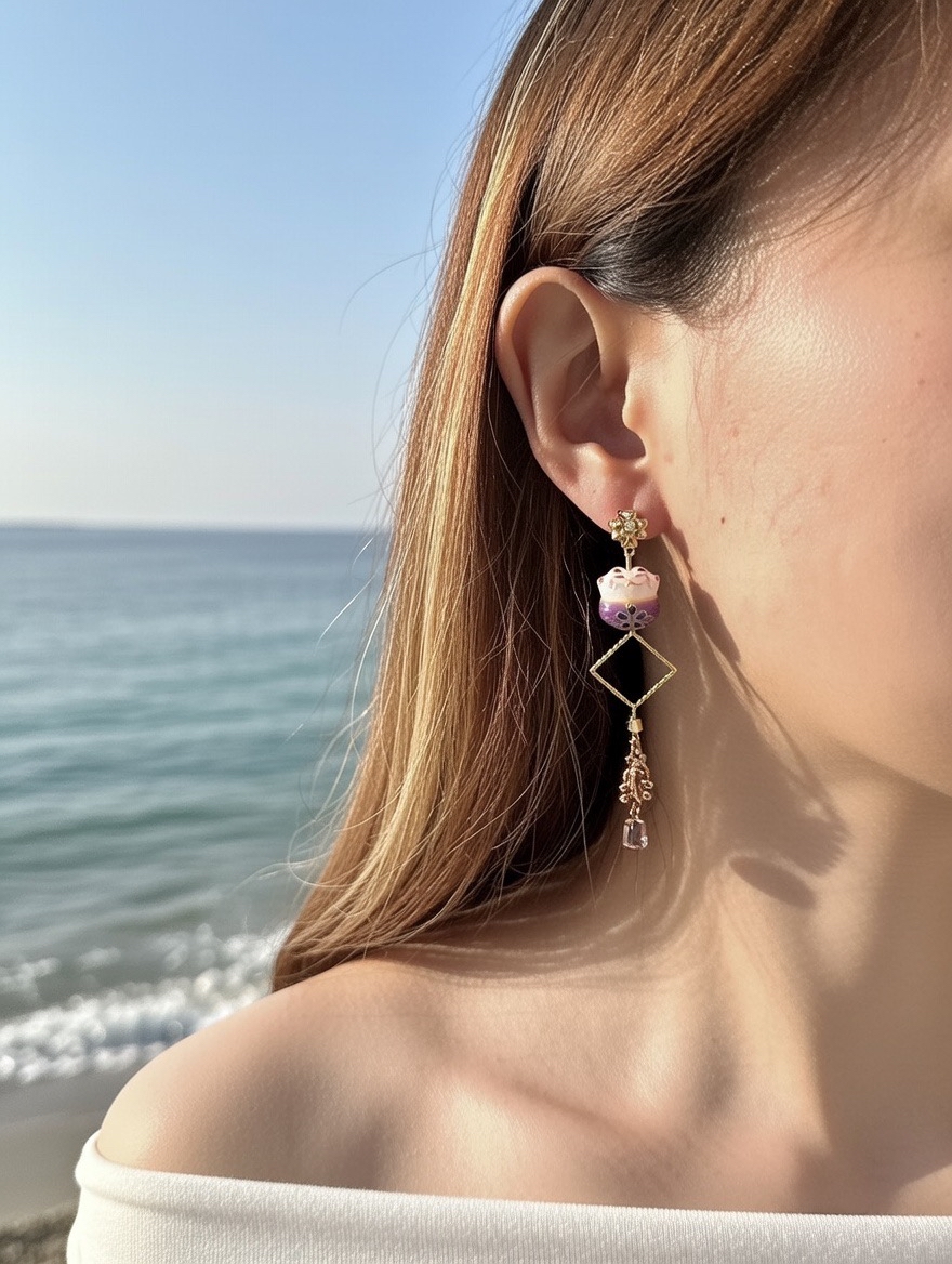 紫招財貓耳環💜美麗