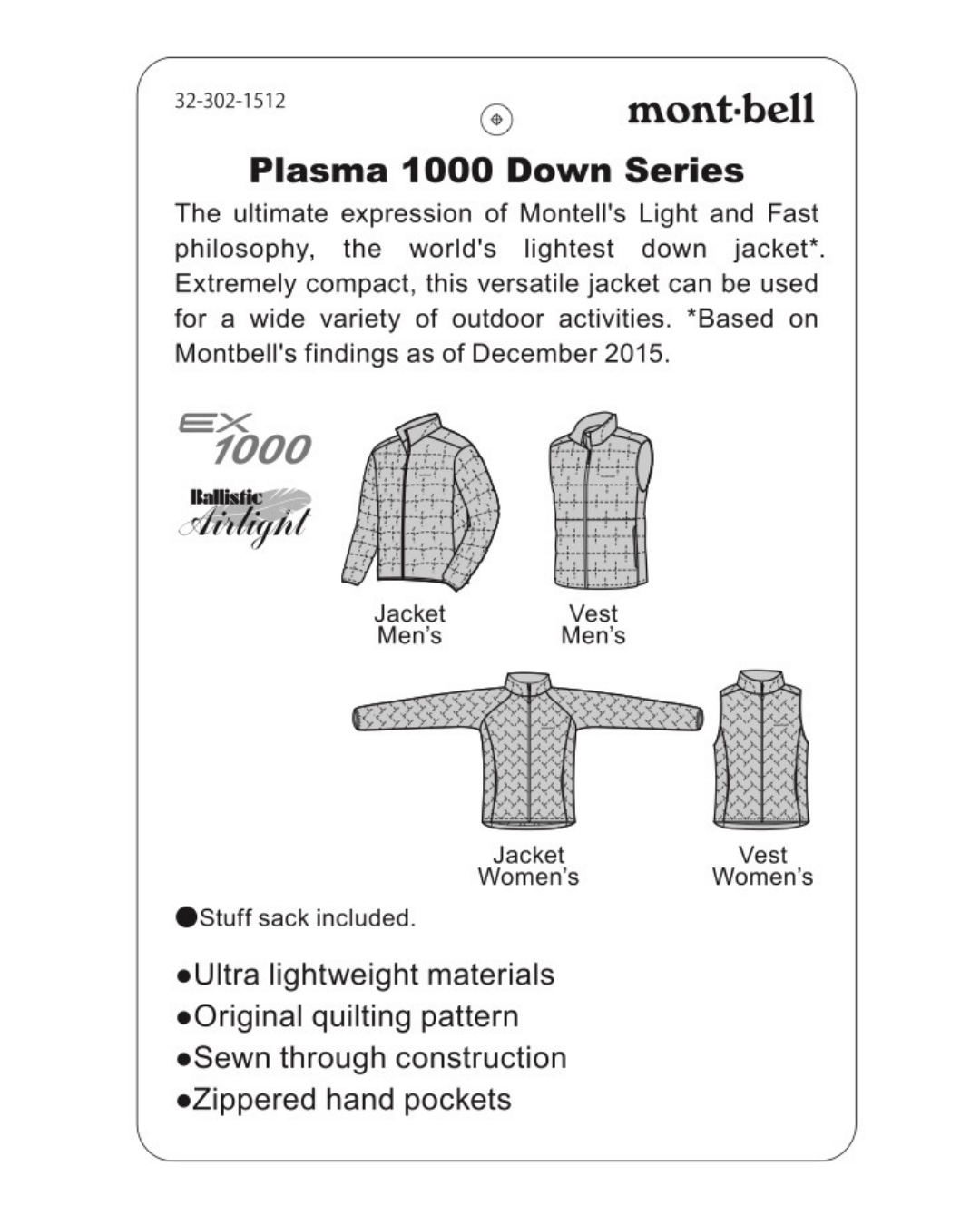 日本代購【 日本直送 montbell 女裝 頂級 超輕量 企領 保暖 1000FP 羽絨 背心 Plasma 1000 Down Jacket Vest Women】 