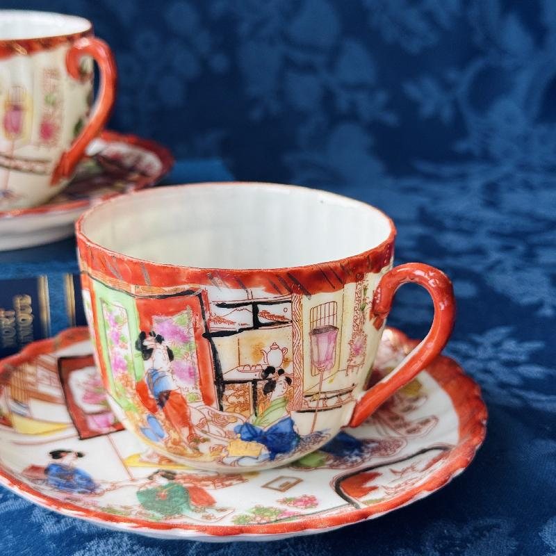 Vintage Pre-1950s Egg-Shell Quality Hand-Painted Japanese Tea Set Pair – Elegant Kimono-Clad Ladies in Traditional Home Scenes(MT2033)
