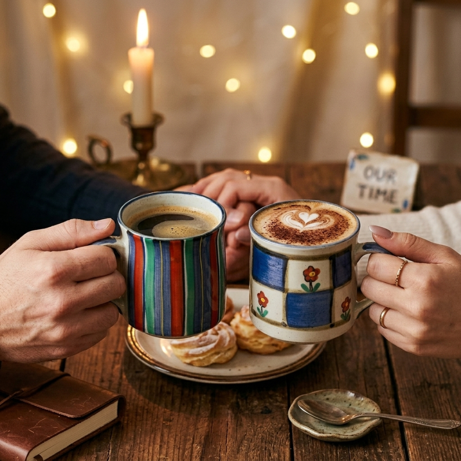 【日本製】美濃燒陶瓷條子小花駌鴦馬克杯套裝 (290ml @)
