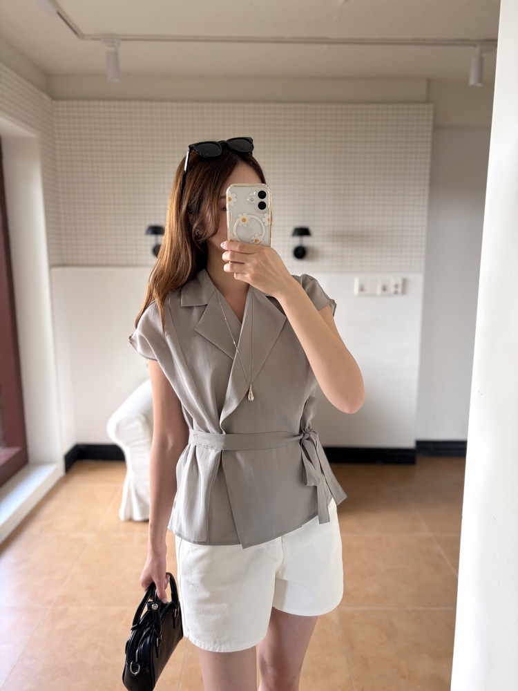 Silky Belted Wrap Blouse (Grey)