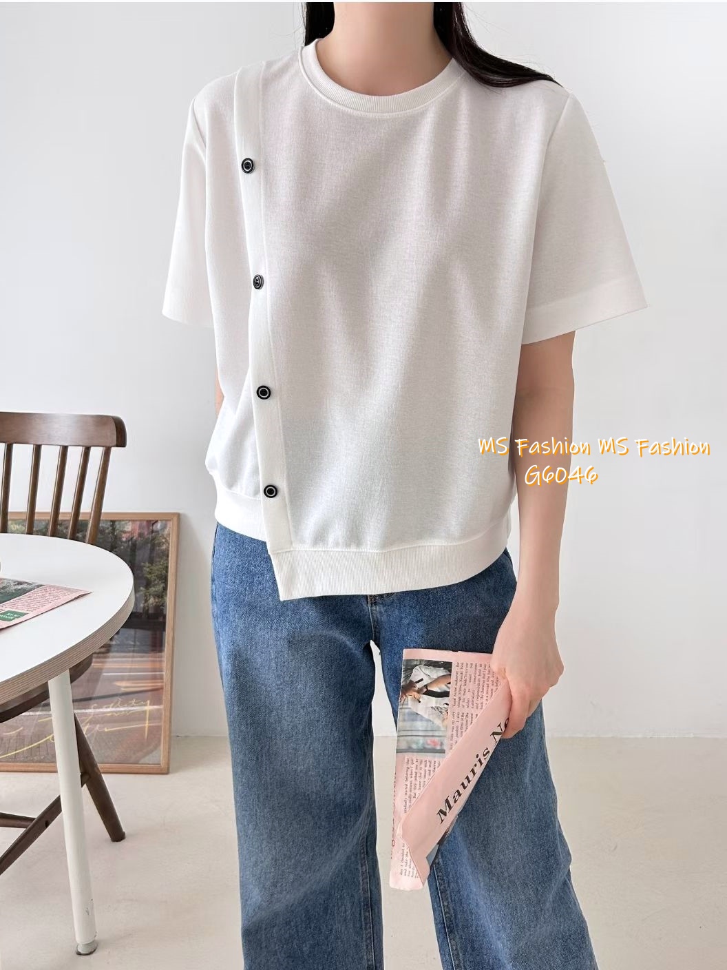 G6046 韓國🇰🇷不規則衫腳斜鈕top