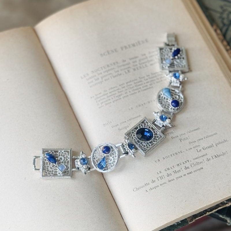 Vintage 1950-60s Silver x Blue Statement Bracelet (NZ108)