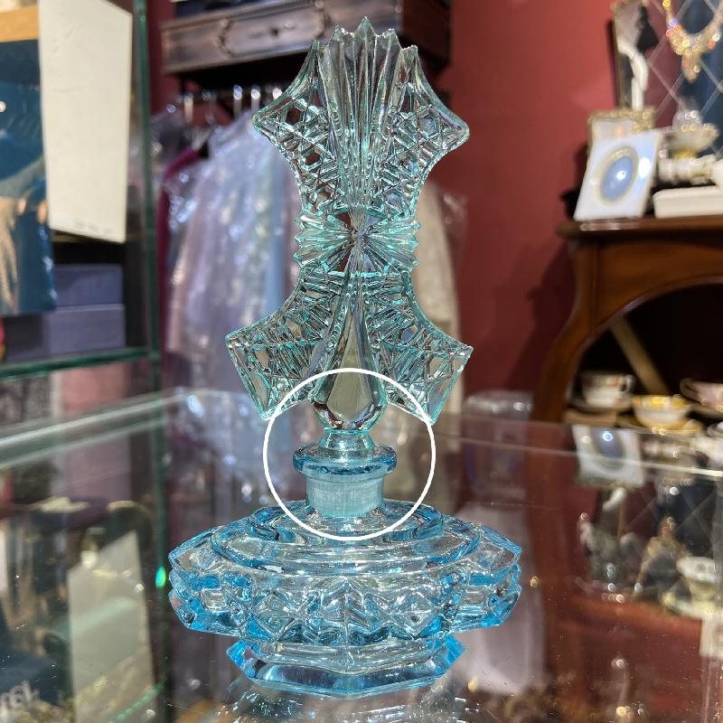 1960s Czechoslovakia Art Deco Inspired-Pattern Pressed Glass Vanity Perfume Bottle -Aqua Blue(MW013)