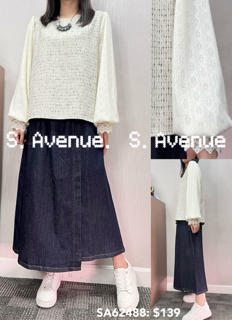 SA62488: 長袖lace燈籠袖衫拼tweed料top