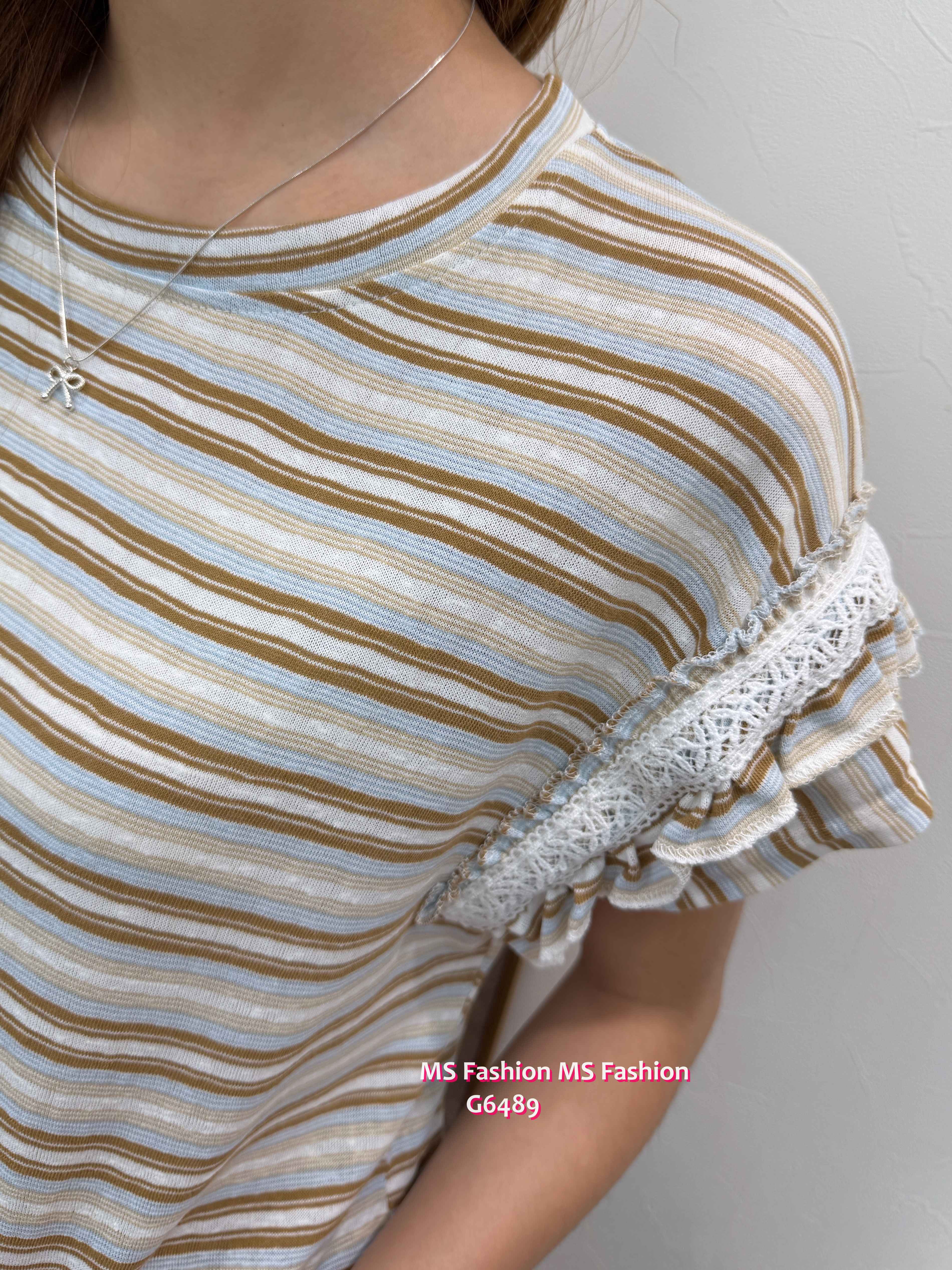 G6489 靚色lace ruffle袖top