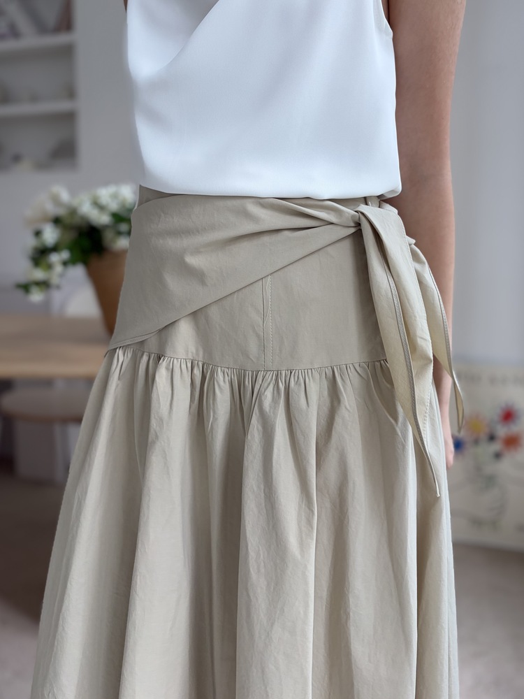 Wrap-Waist Flare Skirt (Beige)