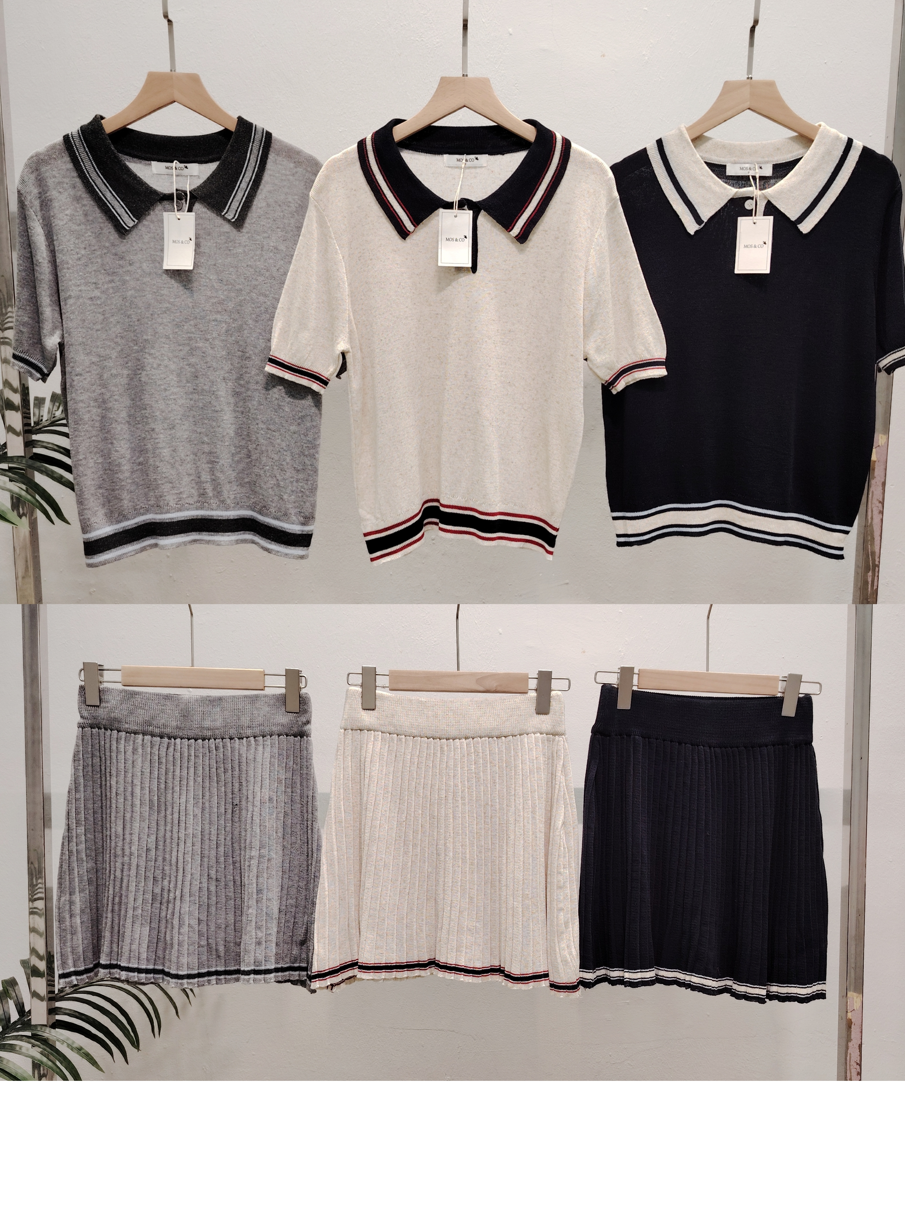 S119 Knitted Set Polo Top With Mid Skirt 