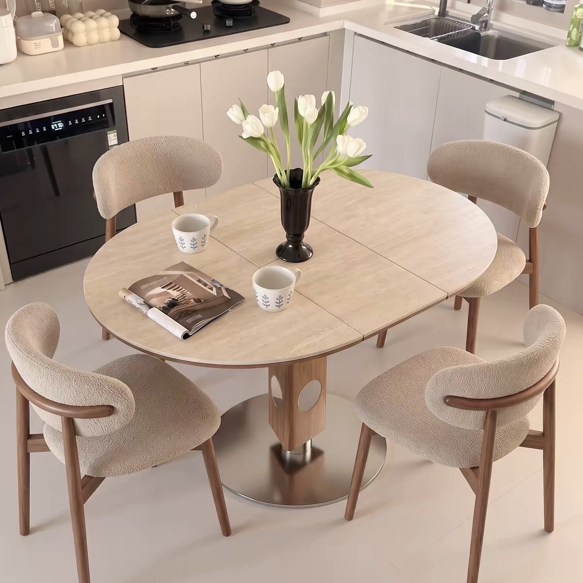 家用細單位方變橢圓岩板餐枱 中復古風 可伸縮摺疊實木食飯枱 Dining table