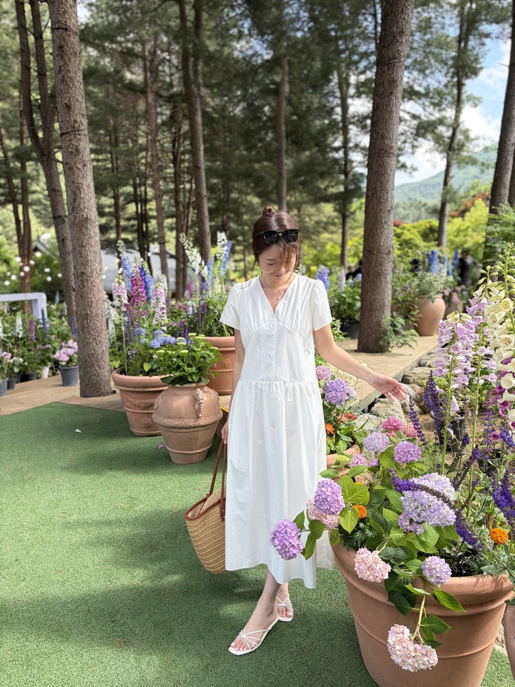 Airy Button Front Long Dress (White)