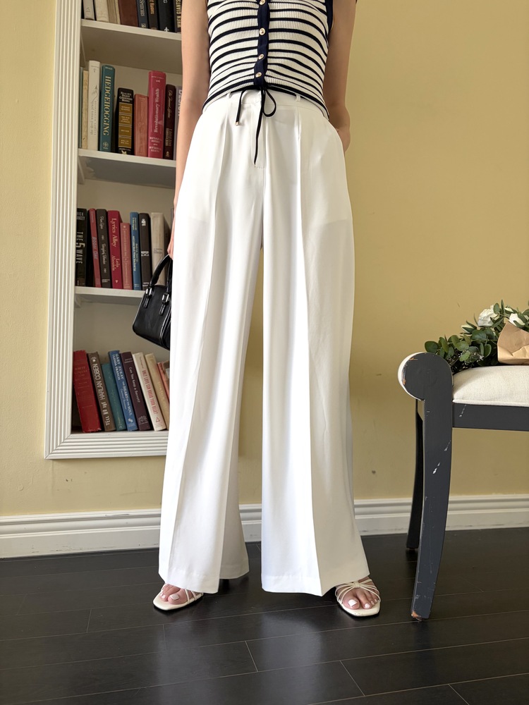 [超涼!!] Contrast Belt Wide Leg Slacks (White)
