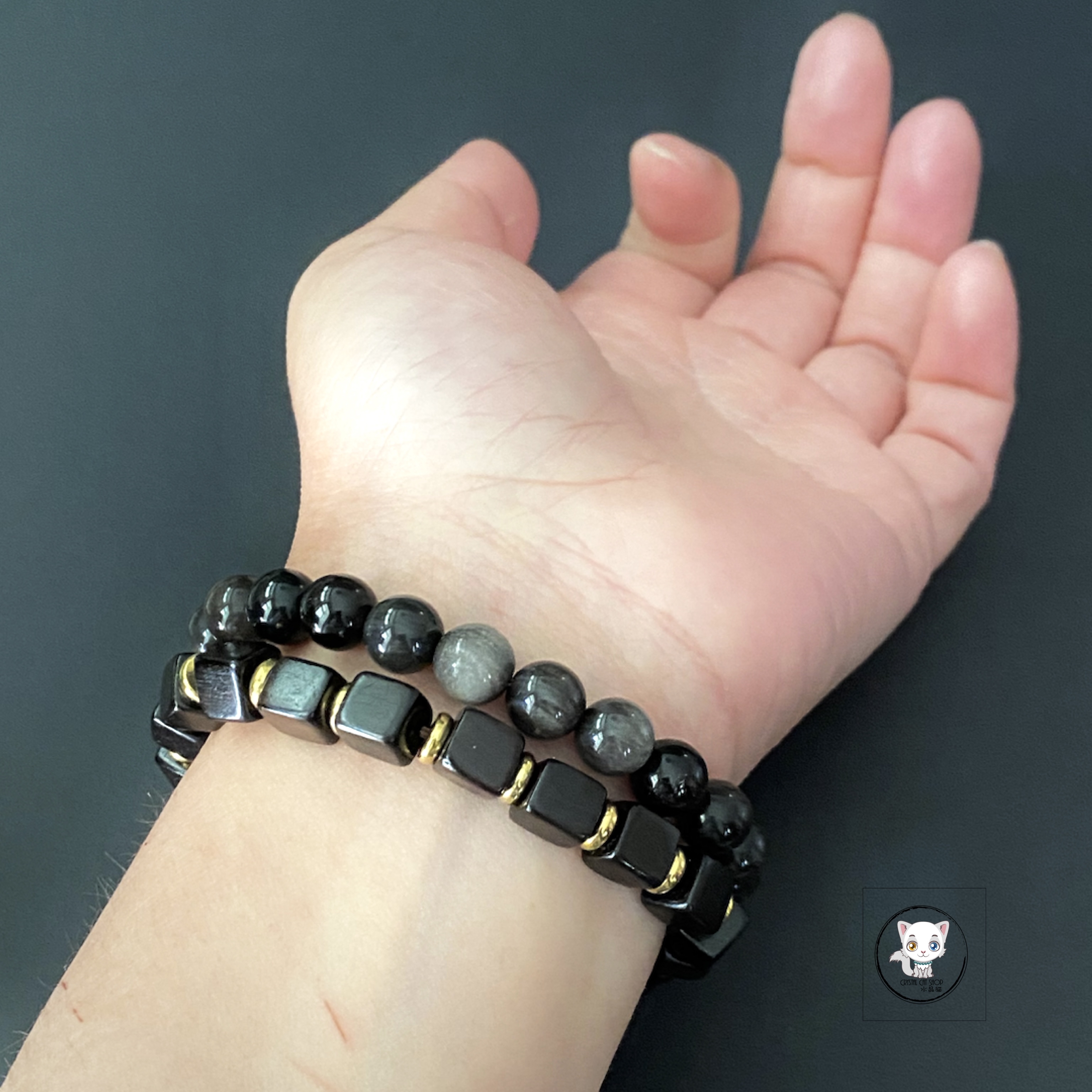 銀曜石黑檀木兩圈手鏈 8mm