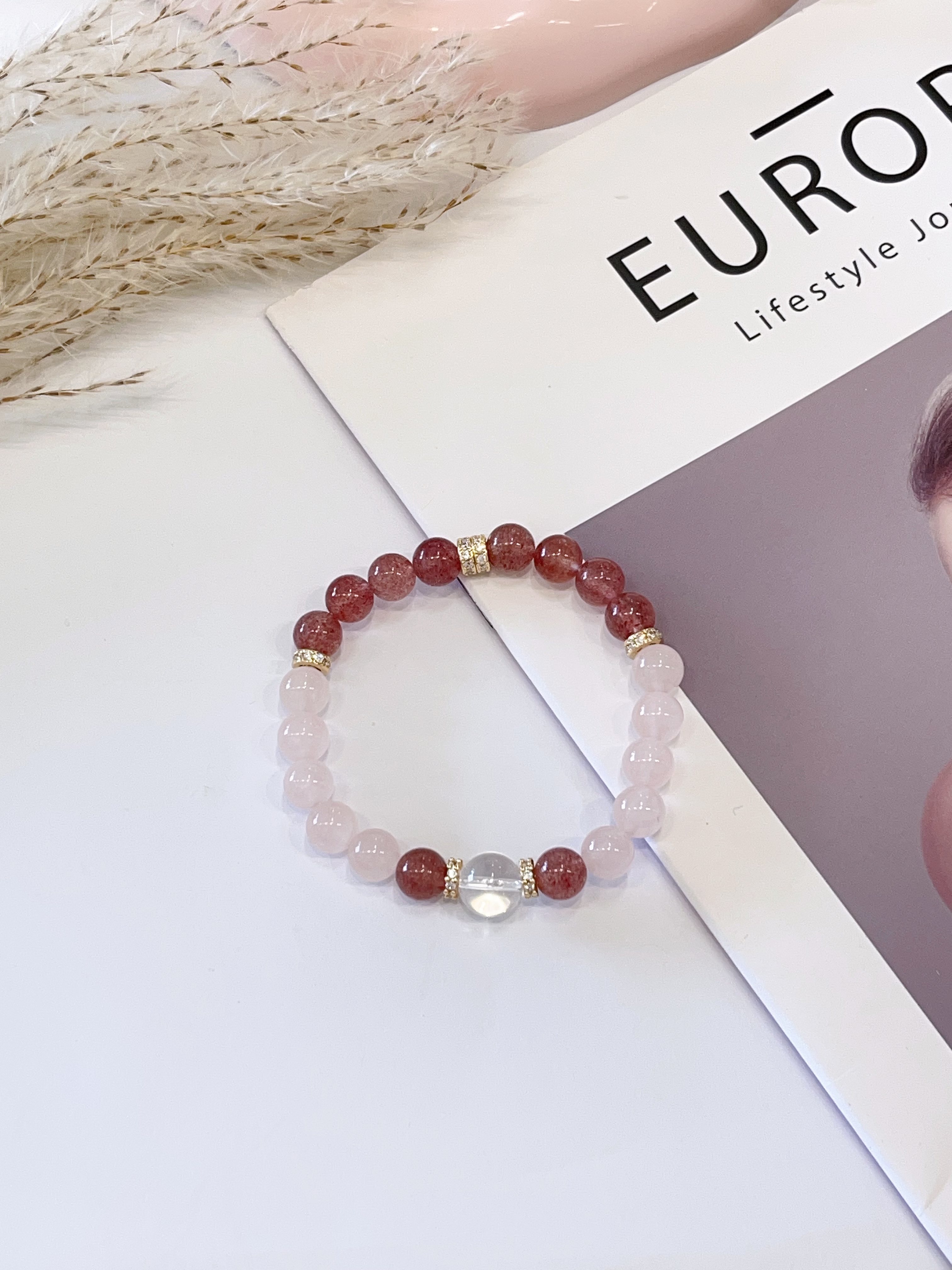 🌸 白水晶 × 粉水晶 × 草莓晶手串 Clear Quartz, Rose Quartz & Strawberry Quartz