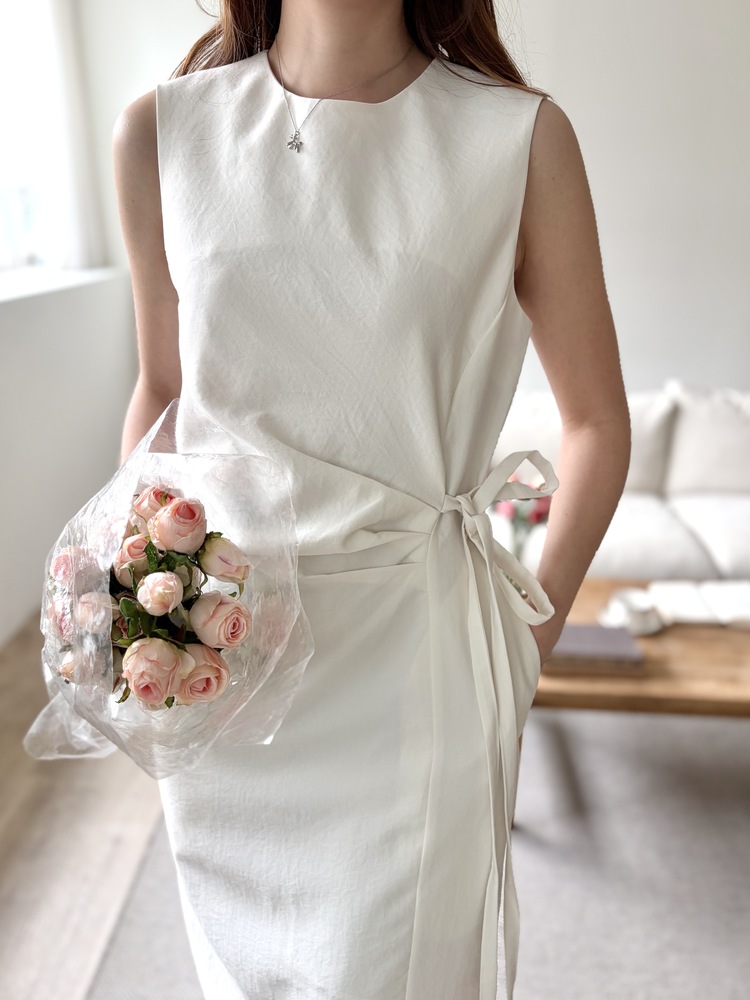 Gathered Waist Tie Dress (Ivory)