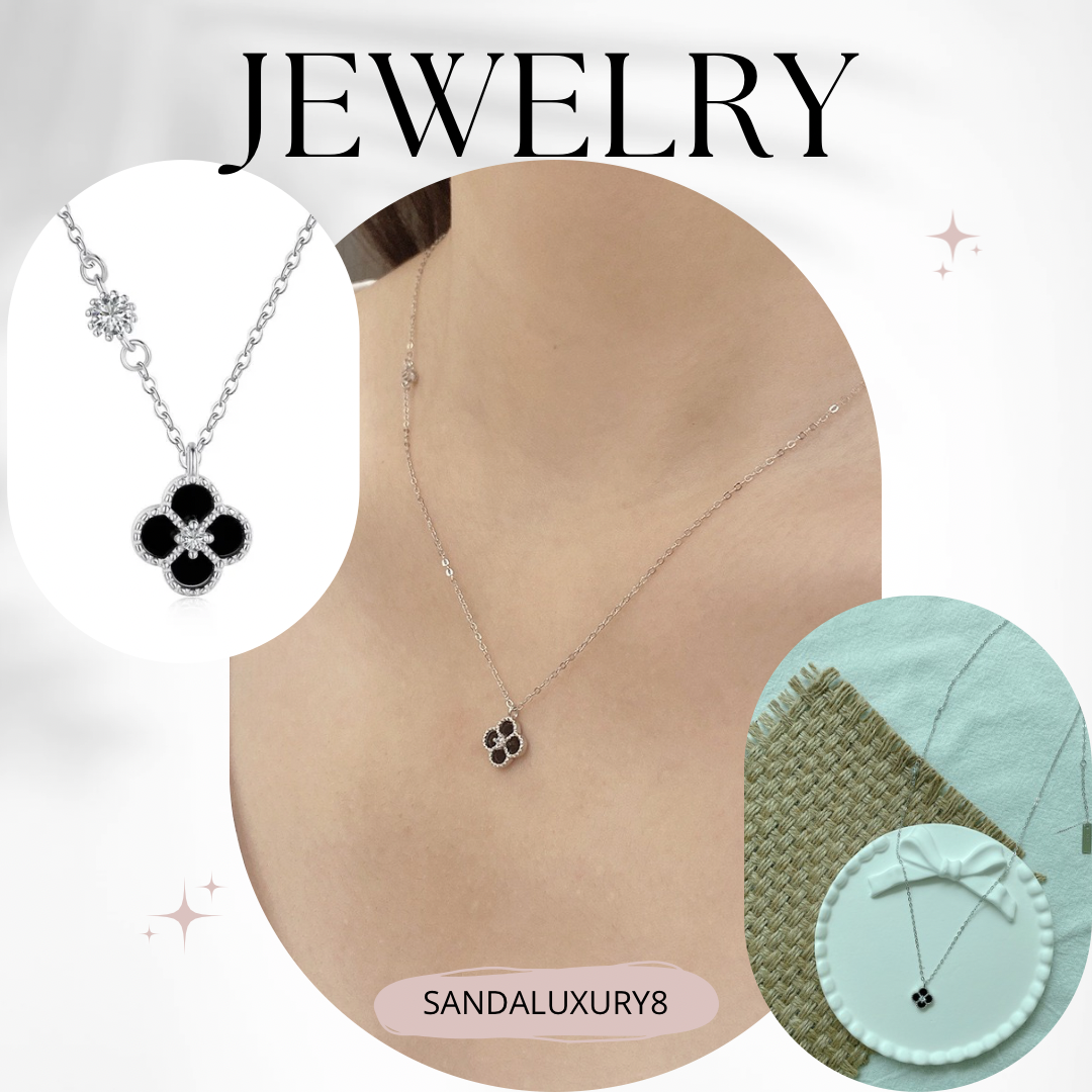 Silver Clover Necklace with Diamonds  - SANDALUXURY8