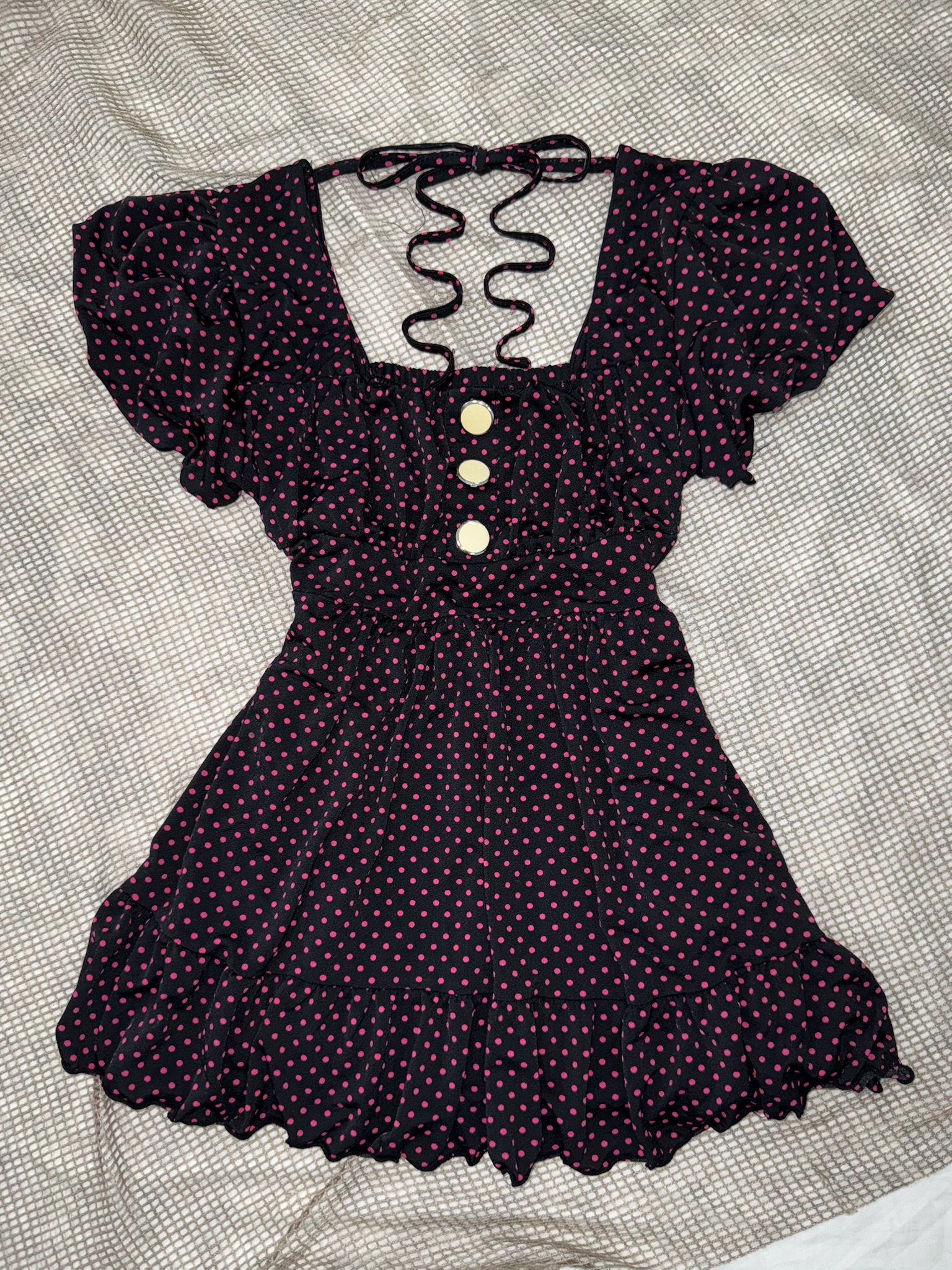 Polka Dot Lace-up Back Romper with Ruffle Hem