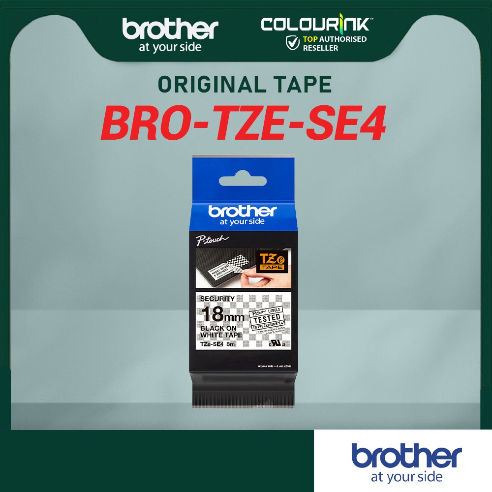 Brother Original Tze-SE4 18mm Black on White Security Laminated Sticker Tape for P-Touch D600 P900W P950 E300VP E550WVP