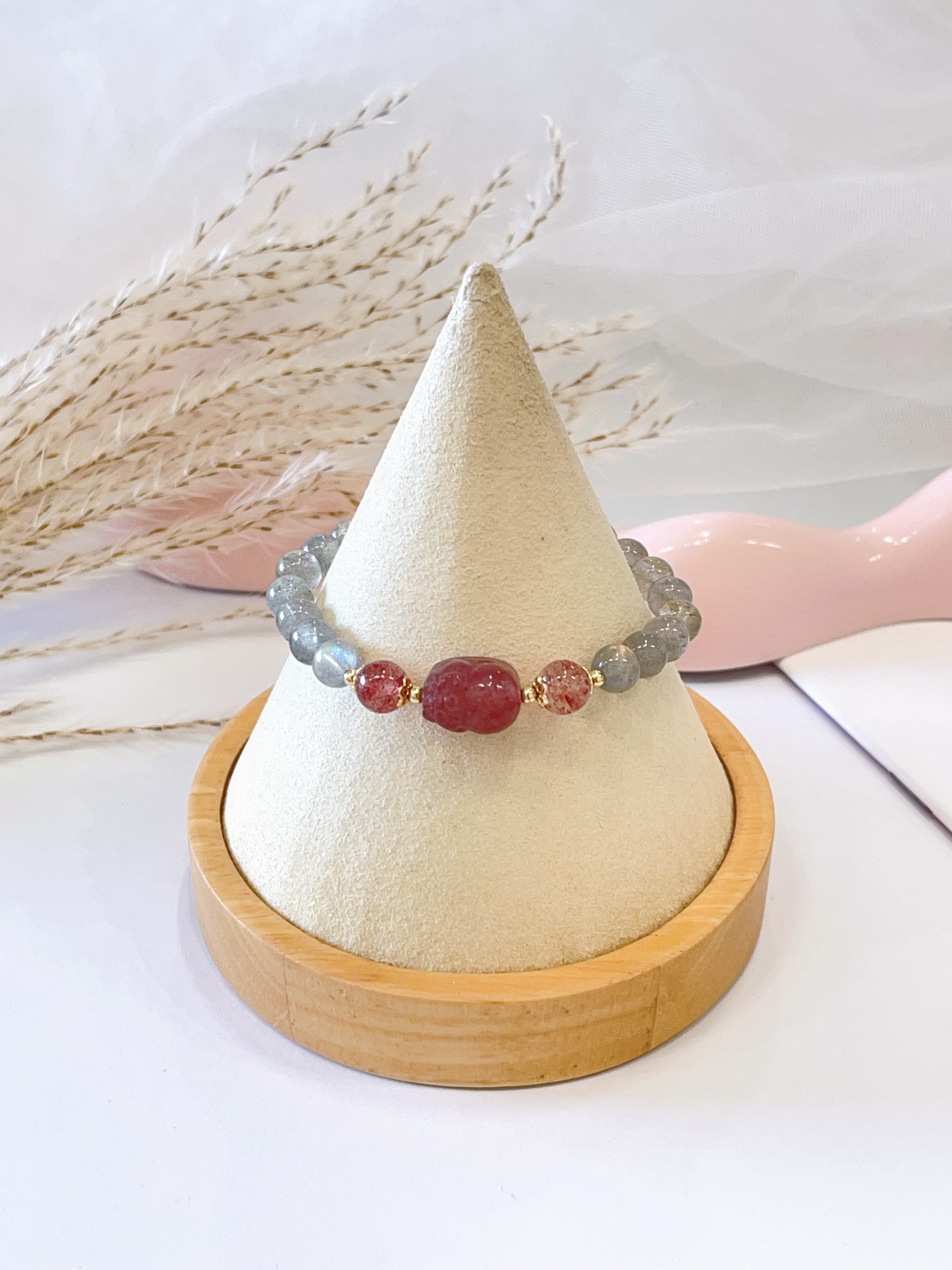 🌙🍓 月光石 × 草莓晶 × 草莓晶貔貅手串 Moonstone, Strawberry Quartz & Strawberry Quartz Pixiu  | 7mm
