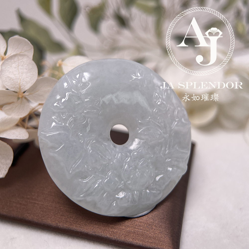 JN-938 天然翡翠A玉 特色白翡牡丹花開富貴平安扣