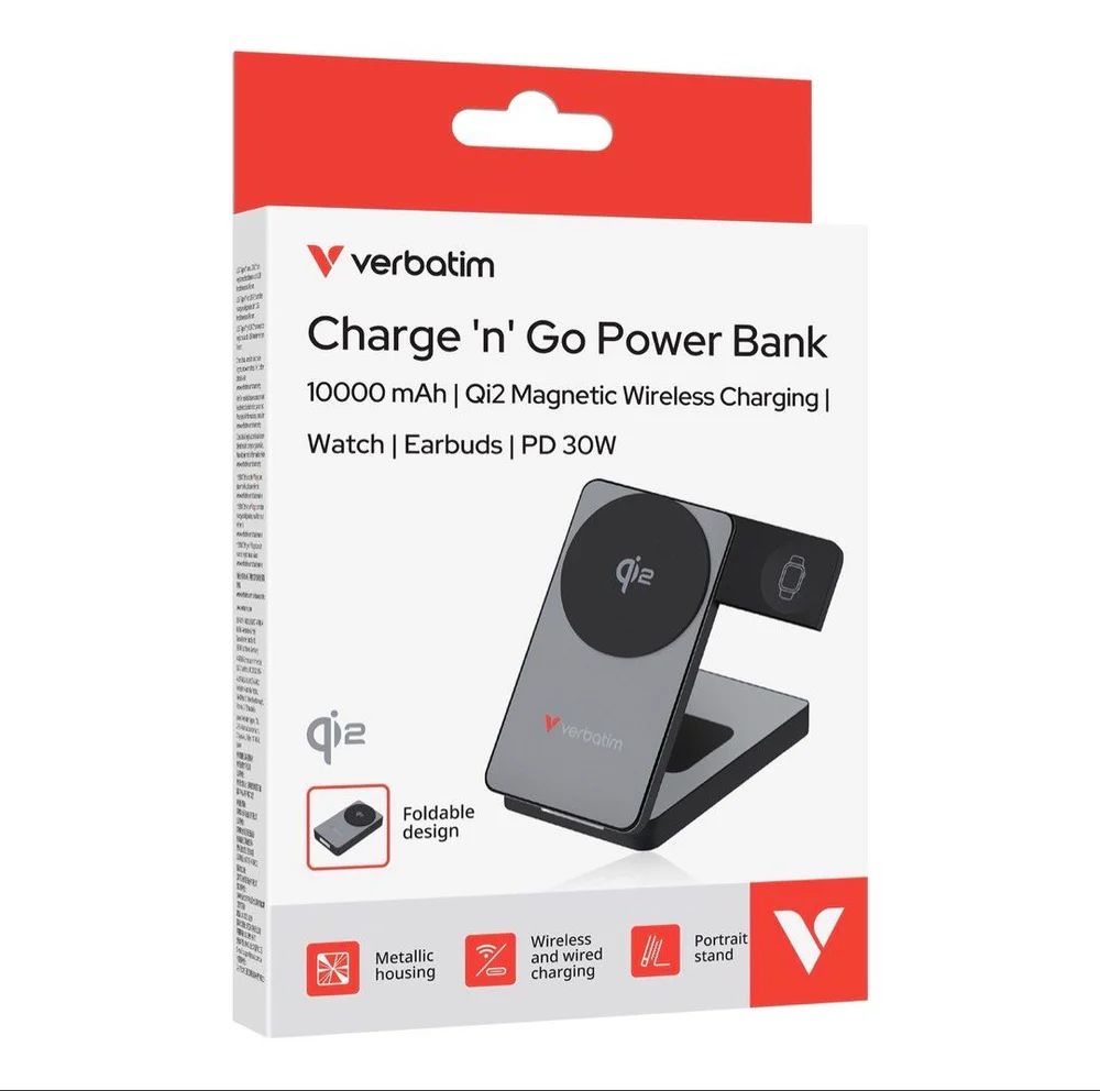 Verbatim Qi2 15W PD 30W 磁吸無線充電行動電源（支援手機、Apple Watch 與耳機）10000mAh CCC 認證