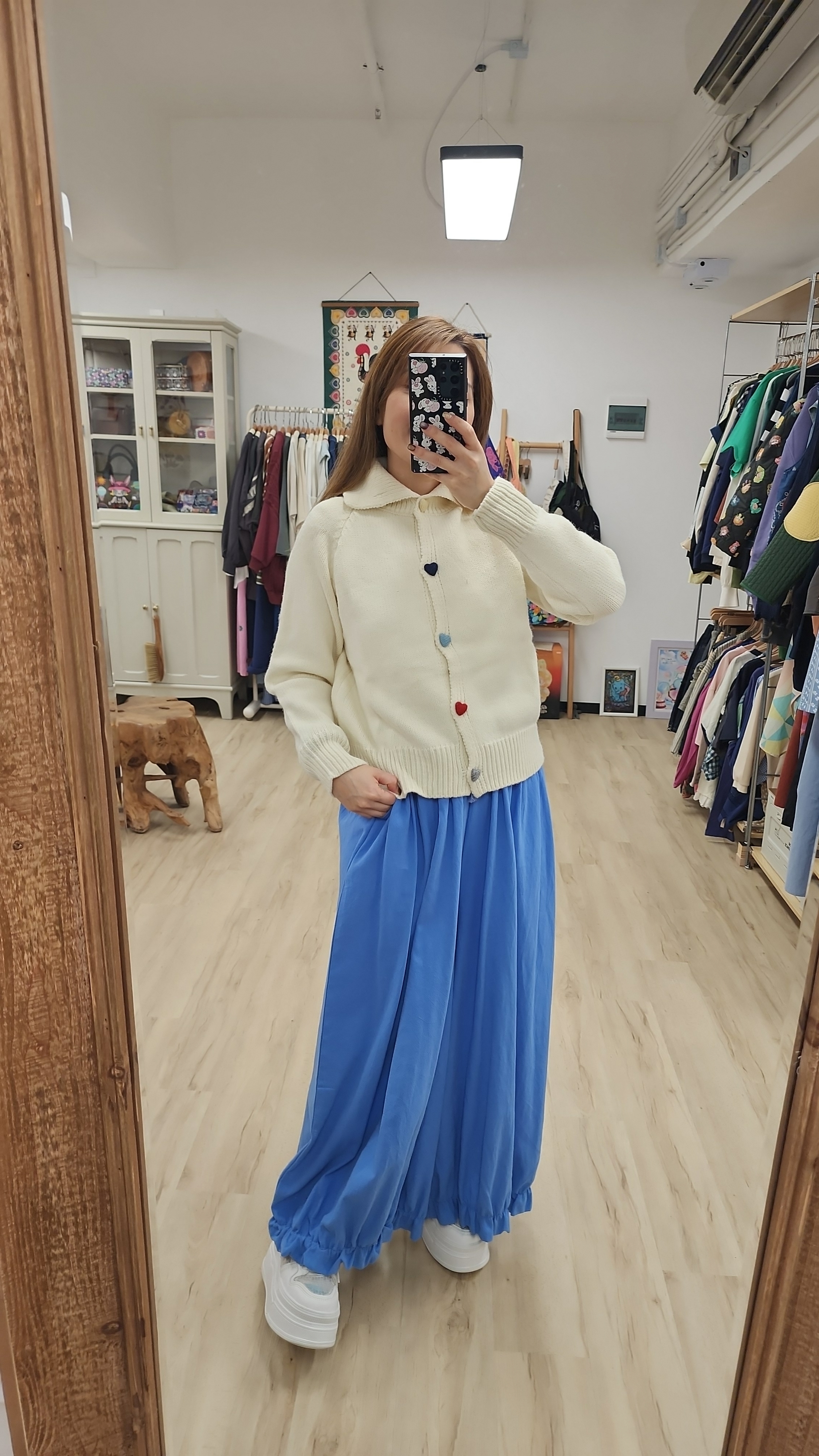 韓國米白拼彩心心紐針織開胸外套