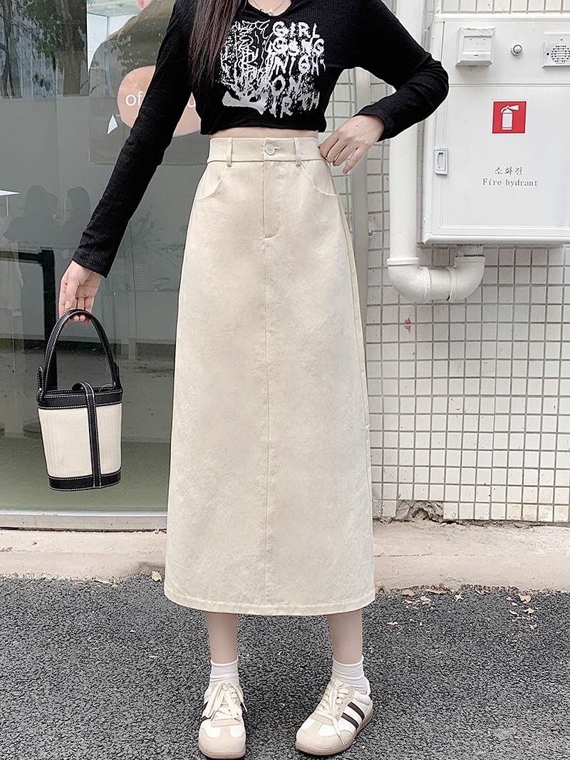 B384(18808) 韩系JEANS甜美风单钮高腰后开角3色长裙 