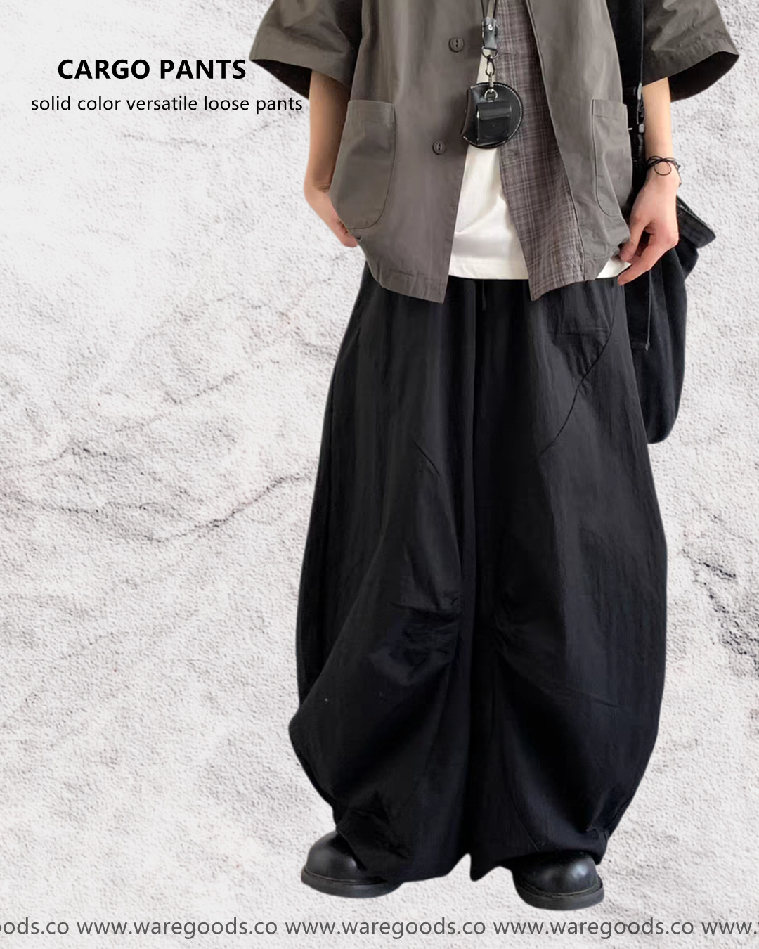 W6011鬆身闊腳純色工裝褲