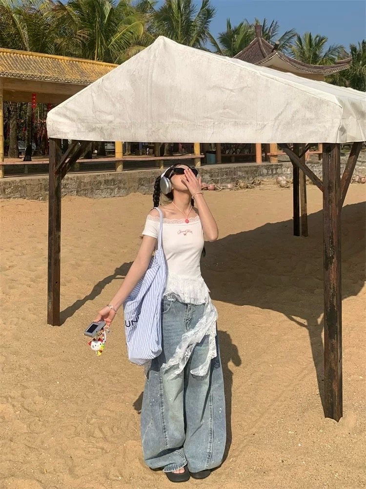 美式辣妹风不规则蕾丝飘带短袖｜CN01240900WHITE