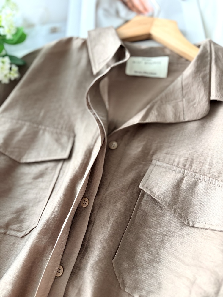 Feminine Belted Pocket Blouse (Brown)