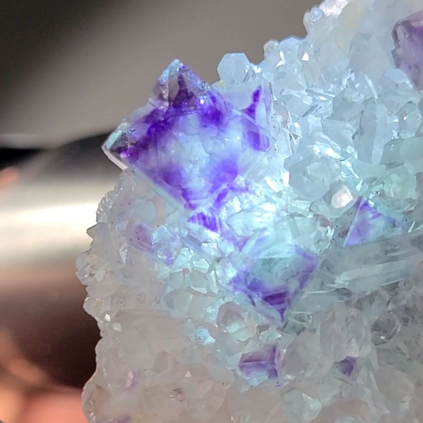 Blue and purple cubic fluorite on baby quartz - FL142