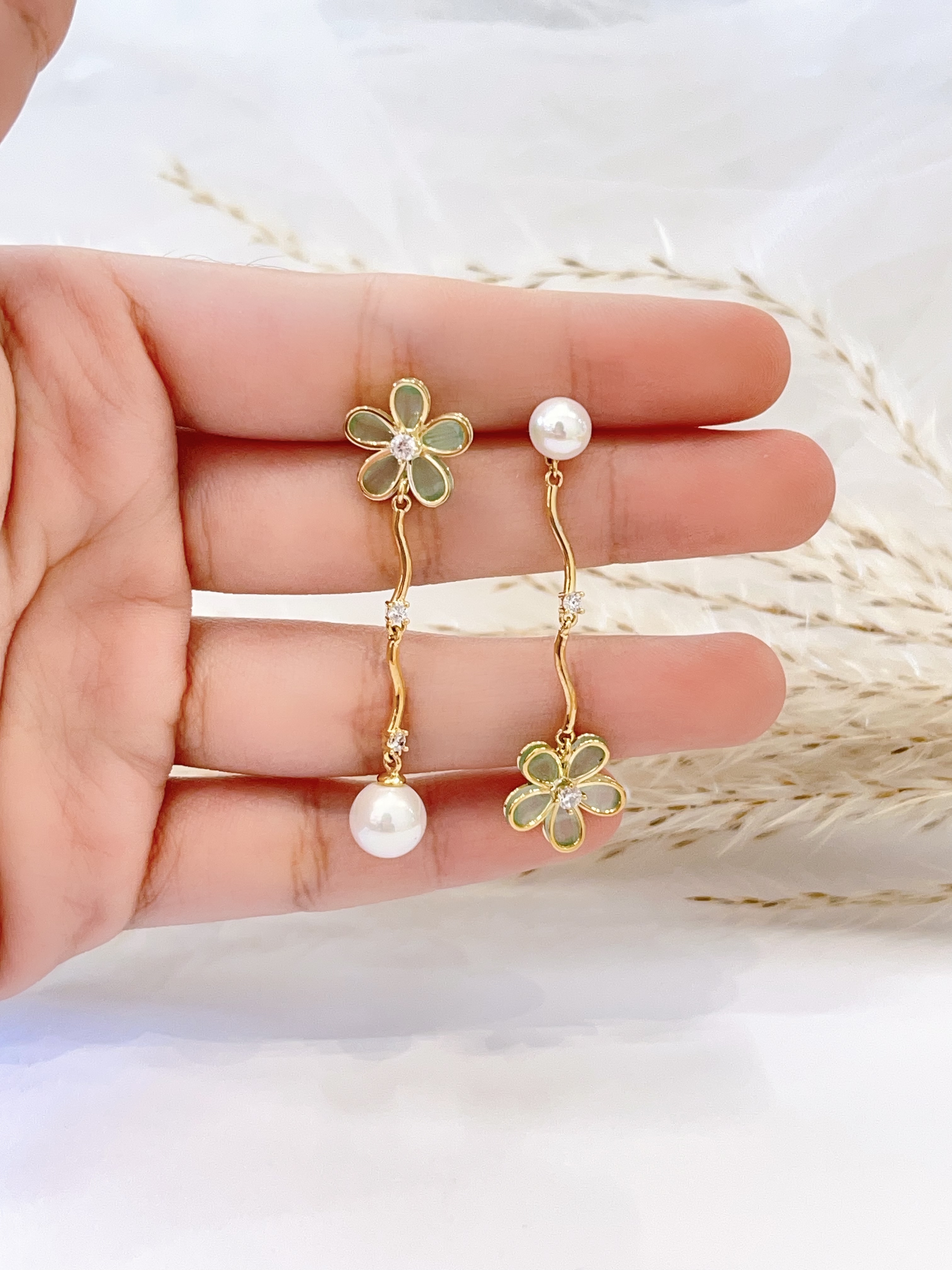 不规则小花珍珠吊坠耳环