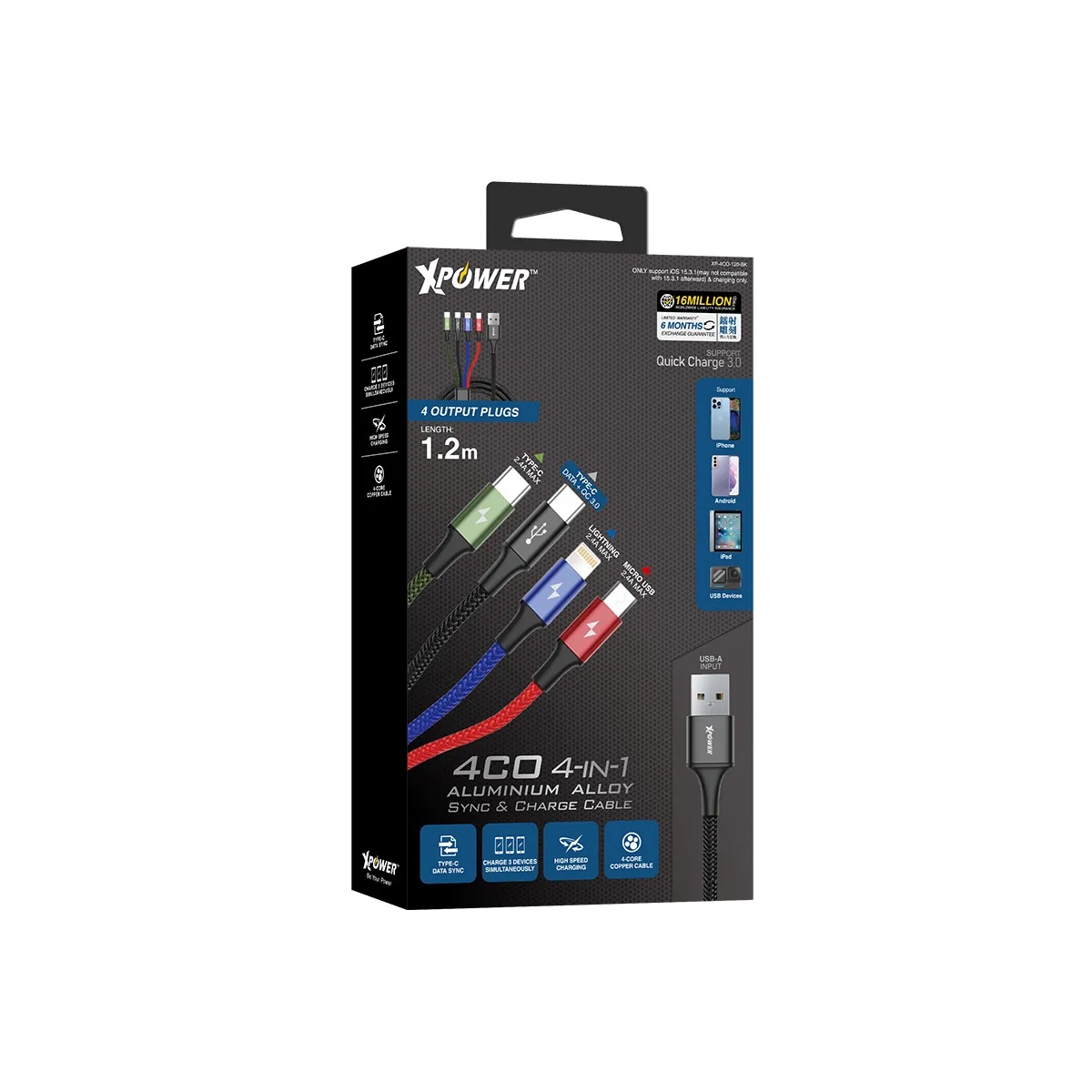 XPower 4CO 4合1鋁合金檔案傳輸快充線