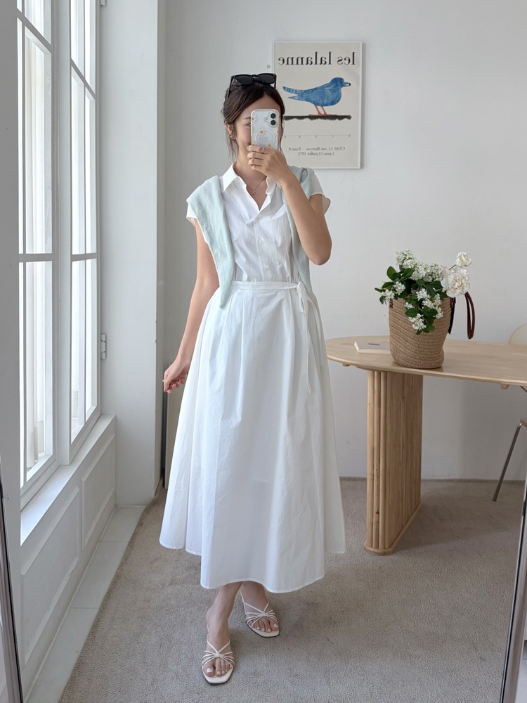 Elasticated Waist Shirt Dress (White)