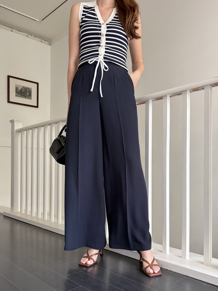[超涼!!] Contrast Belt Wide Leg Slacks (Navy)