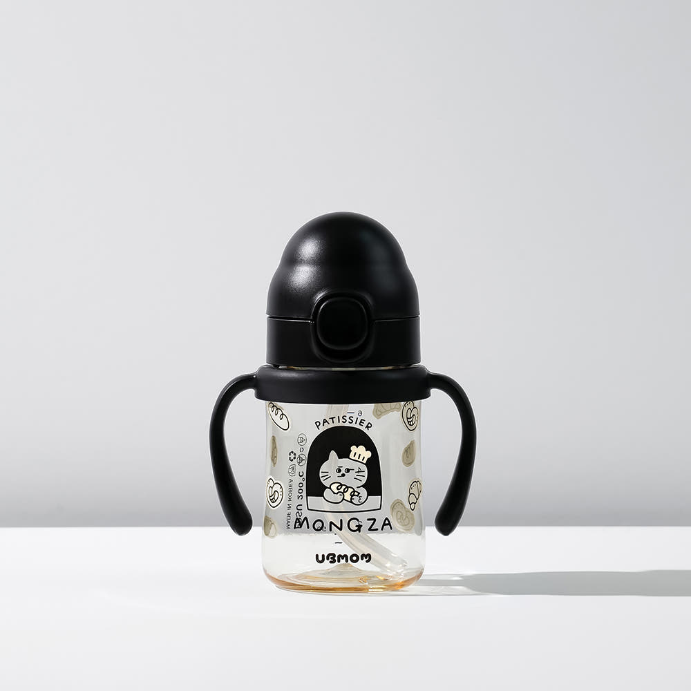 UBMOM PPSU特別版吸管杯 (黑色烘焙-法棍包萌莎貓200ml) -標配彈蓋帶重力球及直飲管